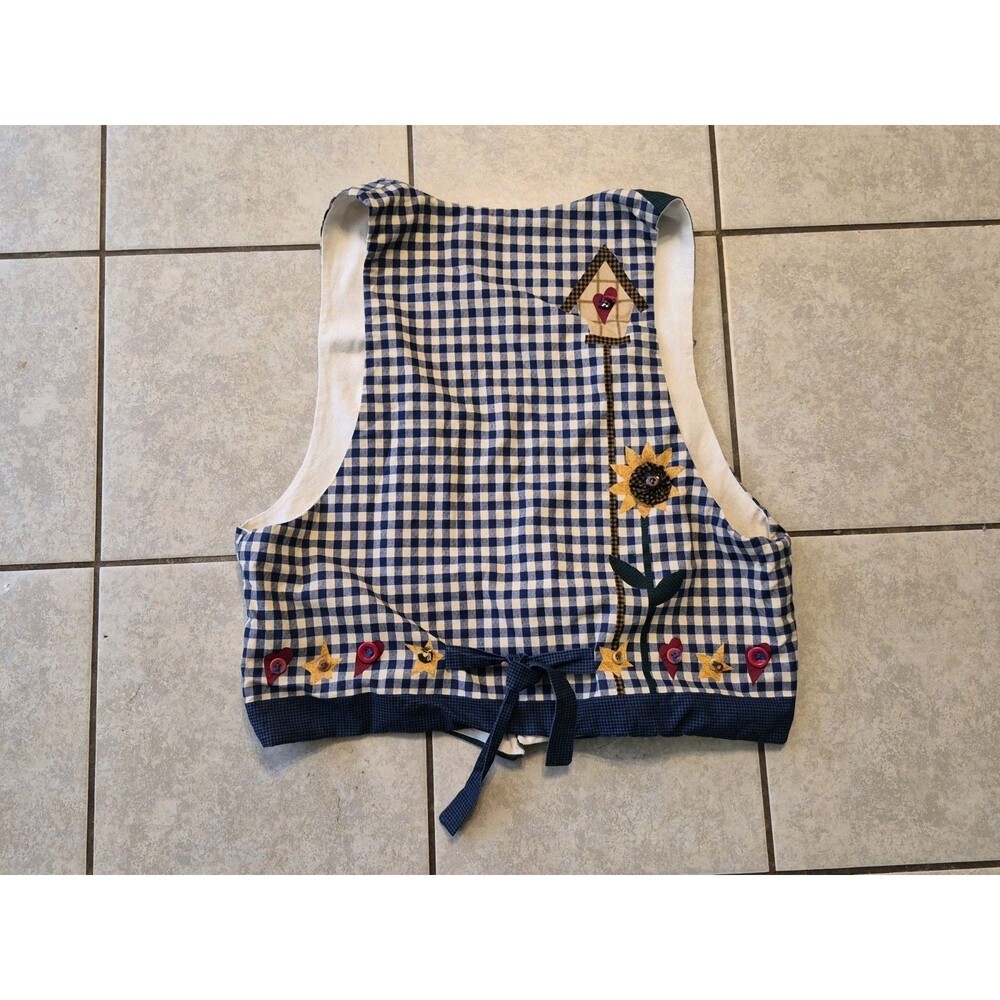 VTG Handmade Vest Sunflower Blue Spring Tie Back Cottagecore Checkered - Picture 3 of 5